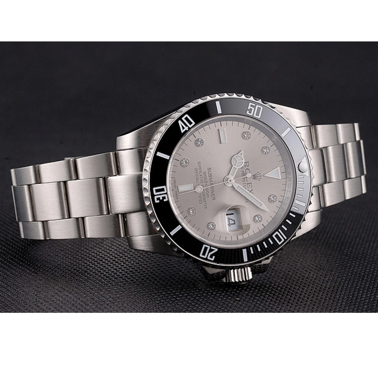 Aaa replica watch Stainless Diamond Swiss Silver Bezel Case Steel Rolex Markings Bracelet Submariner Black And Dial 0817